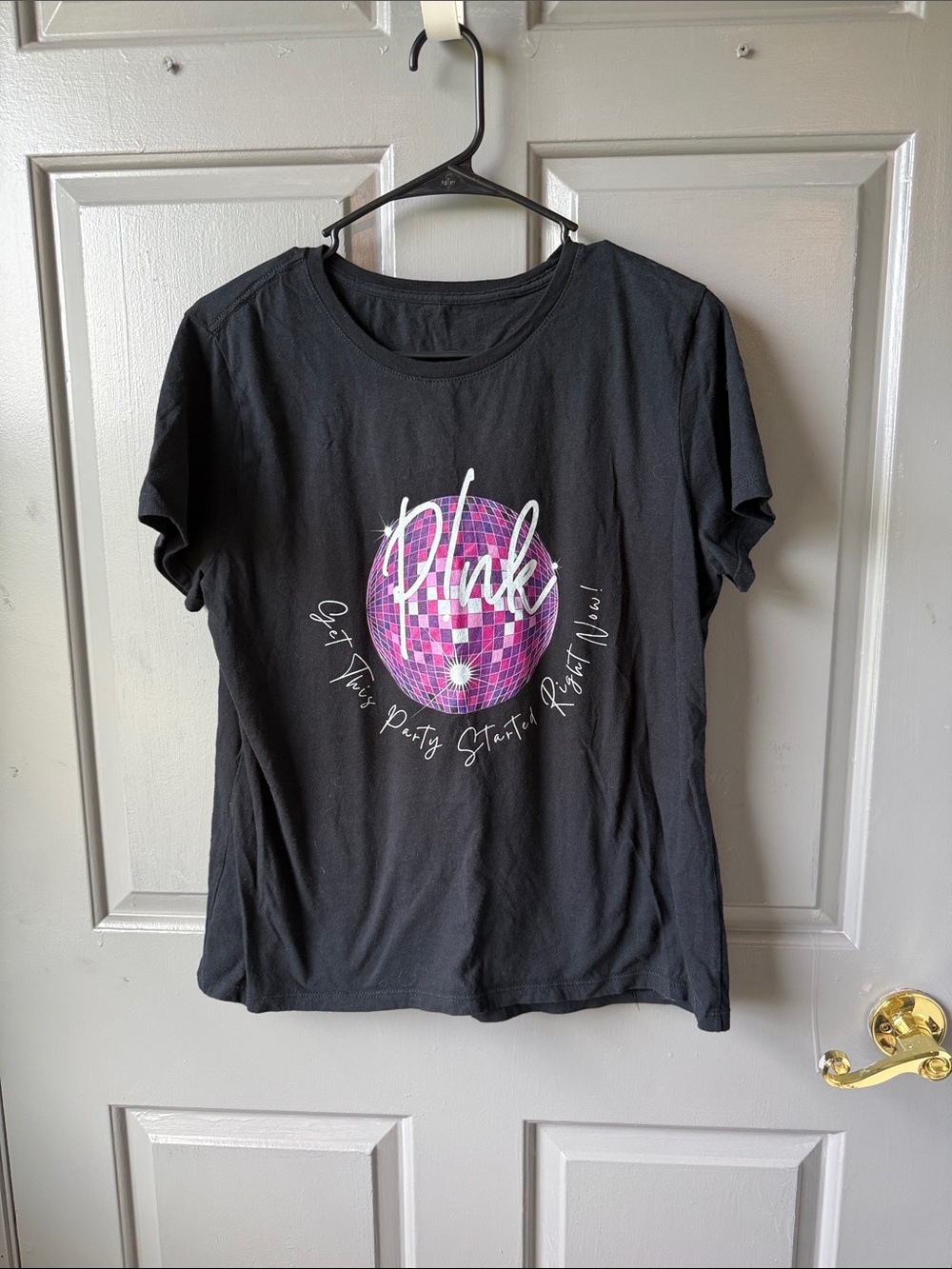 Black Short Sleeve Graphic Tee with Pink Disco Ball